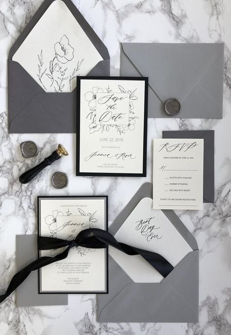 Black And White Calligraphy, Wedding Seasons, White Winter Wedding, Grey Wedding Invitations, Wedding Invitation Kits, Wedding Unique, Grey Wedding, Wedding Invitations Romantic, Invitation Kits