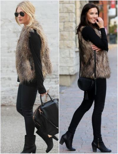 black outfit with faux fur vest - Yahoo Search Results Faux Vest Outfit, Brown Fur Vest Outfit, Faux Fur Vests Outfits, Fur Vest Outfit, Uggs Outfit Winter, Fur Vest Outfits, Brown Fur Vest, Faux Vest, Vest Outfit