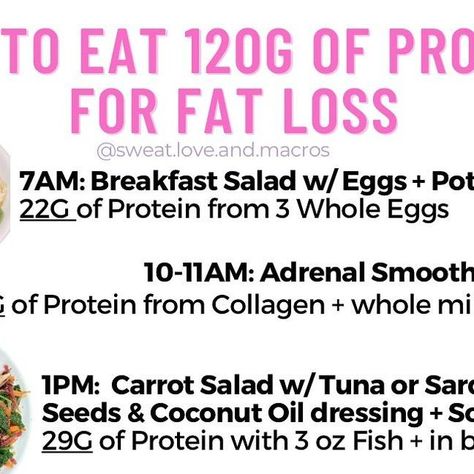 Ashley Sterling- Fat Loss Coach on Instagram: "🔰Save for meals that help you hit your Protein goals PLUS fuel Hormone Harmony🥰 . Swipe 👈 for the grocery list & learn how these meals help to fuel our bodies best + WHY Protein is important for Fat Loss💫 . I love to suggest these meals because they’re packed with easy to digest foods to help our bodies feel energized without bloat + balanced minerals for us to feel calm & powerful🥳 . The meals here are also all pretty simple to make/prep with foods that cook quickly (ground meat & eggs) or don’t require cooking at all (dairy, canned fish, raw veg, smoothie)🙌 . For quick cooking potatoes, I love to slice & air fry them! Takes 11 min at 400°. But if that’s too long, then pierce & microwaving for 3-5 min can make them soft but not mush or Hormone Harmony, Why Protein, Cooking Potatoes, Easy To Digest Foods, Protein Goals, Canned Fish, Feel Energized, Breakfast Salad, Carrot Salad