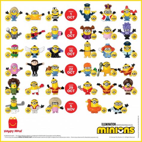 McDonald's Happy Meal FREE Minions Toy Promotion (1 October 2020 - 11 November 2020) Happy Meal Minion, Minions Mcdonalds, Minion Toys, Minion Ornaments, Minion Toy, Boys Game Room, Funko Pop Dolls, Mcdonald's Happy Meal, 1 October