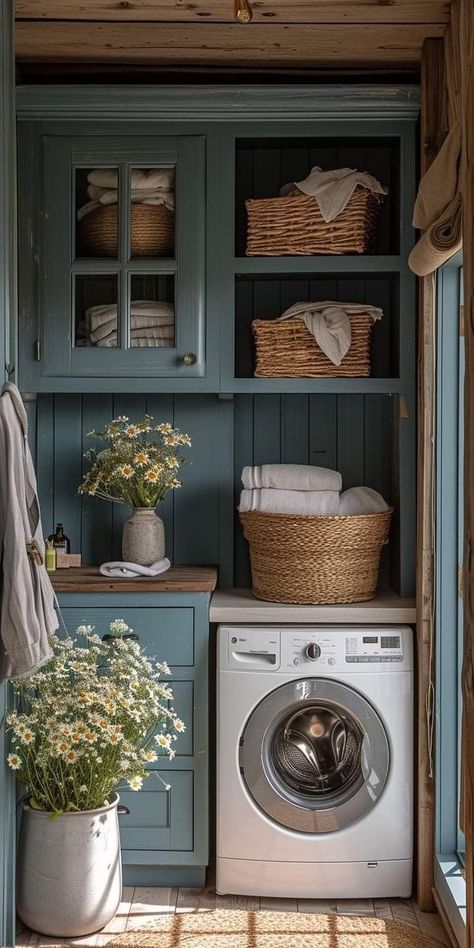 Blue Laundry Room, Blue Laundry Rooms, Latest Interior Design Trends, Cozy Living Spaces, A Frame Cabin, Smooth Walls, Laundry Mud Room, Dream Spaces, Eclectic Style