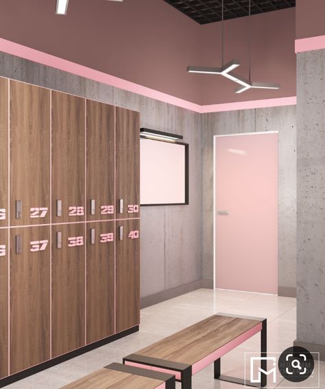 Vestiário feminino Cheer Locker Room, Locker Room Ideas, Fitness Center Design, Dance Studio Design, Locker Ideas, Gym Design Interior, Ballet Studio, Yoga Studio Design, Dance Rooms