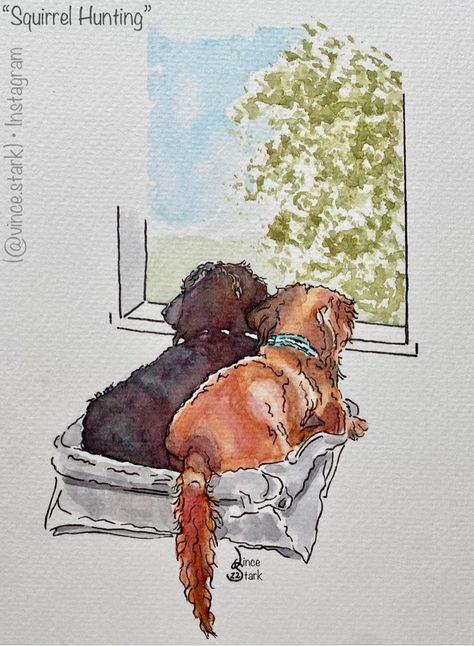 “Squirrel Hunting” Otis Wiener Ween & Ringo ⭐️rk watching their favorite nature channel… #dachshund #wienerdog #watercolor #pensketch Dachshund Watercolor, Dachshund Artwork, Witty Art, Squirrel Hunting, Dachshund Art, Animal Illustrations, Weenie Dogs, Pen And Watercolor, Weiner Dog