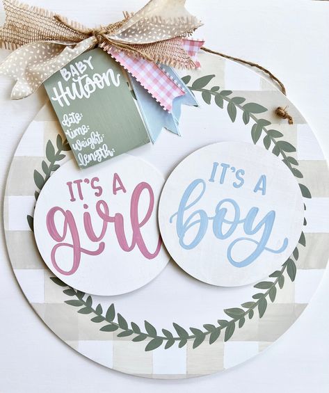 "This gender neutral door hanger is a great way to welcome your baby while also keeping it a surprise!  This door hanger comes in an 18\" or 24\" size. Each sign comes with two smaller circle plaques that are interchangeable and Velcro directly to the larger background sign. The background sign features a great gender neutral beige gingham pattern around the edges and sage green leaf detail. The sign also comes with a detachable birth stat card with an area for you to easily fill in the birth st Wood Baby Door Hangers, Gender Neutral Door Hanger, Gender Neutral Hospital Announcement, Gender Neutral Door Hanger For Hospital, Gender Neutral Hospital Door Hanger, Neutral Door Hanger, Hospital Door Hanger Boy, Hospital Name Sign, Hospital Door Hanger Girl