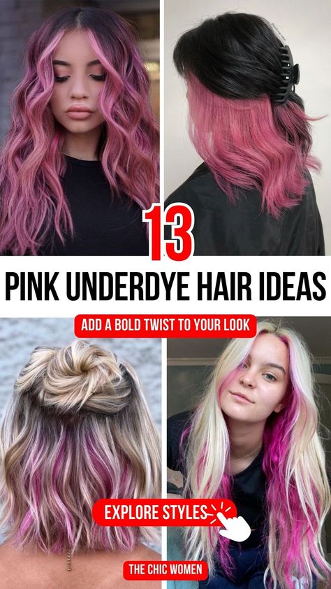 Top 13 Stunning Pink Underdye Hair Ideas For Women You Must Try Under Bangs Hair Dye, Pink Hair With Dark Hair, Peek A Boo Pink Highlights, Hot Pink Underneath Hair, Split Dyed Hair Ideas, Under Dyed Hair Curly, Underneath Dyed Hair, Pink Underdye Hair, Under Dye