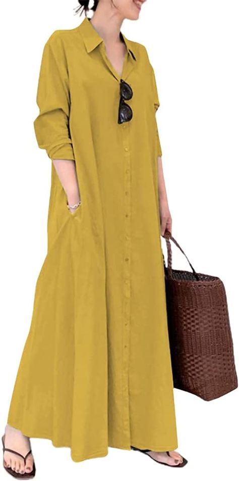 Casual Long Dresses, Plus Size Shirt Dress, Pocket Maxi Dress, Maxi Dress For Women, Maxi Shirts, Cotton Linen Dresses, Linen Shirt Dress, Long Dress Casual, Maxi Shirt Dress