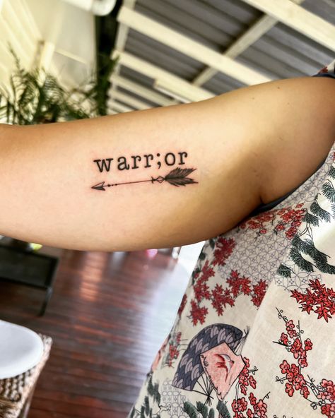 Warrior With Arrow Tattoo, Warrior Tattoo With Semi Colon, Warrior Semi Colon Arrow Tattoo, I Am Enough Tattoo, Stay Strong Tattoo, Semi Colon Tattoo, Arm Wrap Tattoo, Colon Tattoo, Enough Tattoo