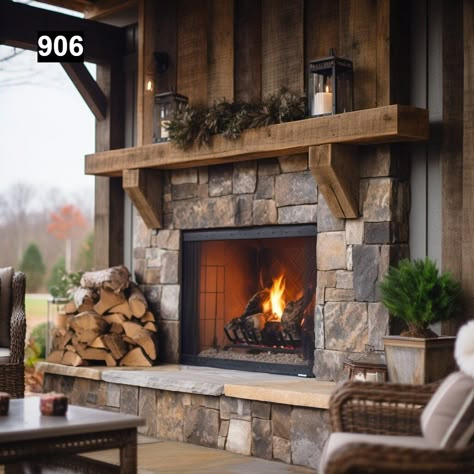 Elevate your outdoor living space with our Reclaimed Wood Beam Fireplace Mantels for Outdoors, crafted with the same exquisite attention to detail as our indoor mantels but specially treated for outdoor use. Made from high-quality reclaimed pine wood beams, each mantel exudes rustic charm and timeless elegance, bringing warmth and character to your outdoor fireplace. Individually distressed and available in a wide range of colors to suit your style preferences, our outdoor mantels are custom-mad Stone Fireplace With Wood Surround, Brown Fireplace Decor, Short Fireplace Mantle, Cottage Electric Fireplace, Stone And Wood Fireplace Ideas, Beam Mantle Fireplace, Rustic Cabin Fireplace, Terra Cotta Fireplace, Outdoor Fireplace Mantel