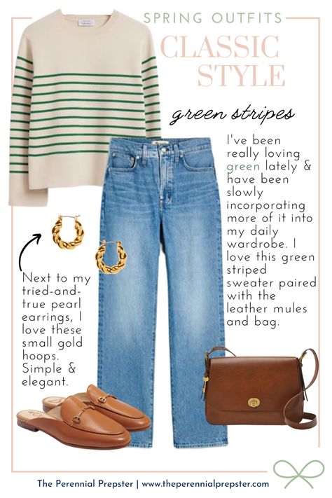 Preppy Style Inspiration, Green Striped Sweater Outfit, Jeans Preppy Outfit, Beige Loafers Outfit, Outfits With Mules, Striped Cardigan Outfit, Classic Style Spring, Saturday Outfits, Stripe Cardigan Outfit