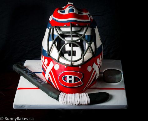 Montreal Canadiens Birthday Party, Montreal Canadiens Cake, Hockey Themed Cake, Hockey Goalie Helmet Designs, Hockey Cakes, Hockey Goalie Mask Design, Hockey Helmet, Bruins Hockey, Tyler Seguin