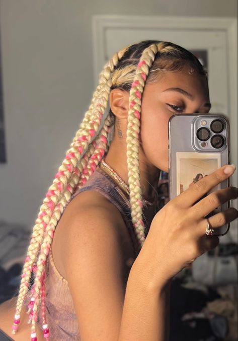 Knotless Braids With Pink, Braids With Pink Beads, Braids With Pink, Pink Knotless Braids, Pink Knotless, Box Braids Blonde, Blonde To Pink Ombre, Aesthetic Boujee, Two Cornrow Braids