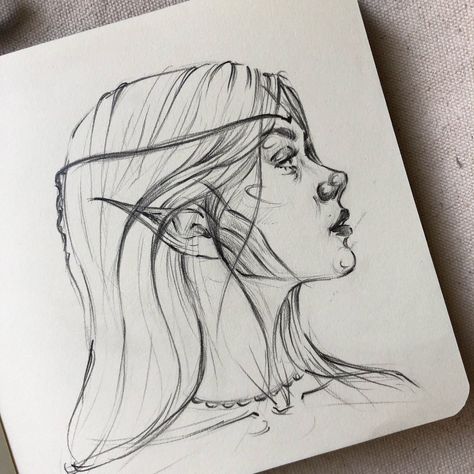 Fantasy Artist Drawing, Elizemeh Sketch, Fantasy Aesthetic Drawing, Elf Sketch Female, Elven Drawings, Elf Drawings Female, Elf Art Sketch, Fantasy Sketches Pencil, Elf Drawing Reference