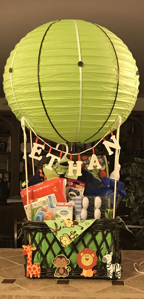 Hot Air Balloon Baby Gift Basket DIY Jungle Theme Gift Hampers, Hot Air Balloon Hamper, How To Make A Hot Air Balloon Basket, Hot Air Balloon Gift Basket Diy, Diy Hot Air Balloon Basket, Hot Air Balloon Gift Basket, Balloon Hamper, Hot Air Balloon Gift, Gift Basket Diy