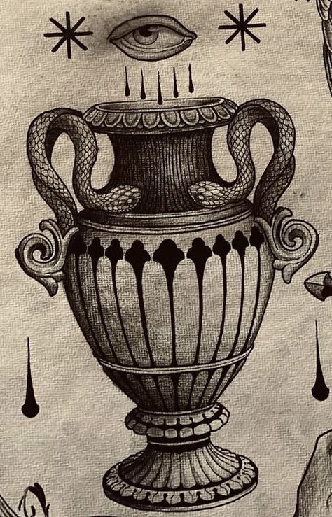 Vase Traditional Tattoo, Vase Tattoo Traditional, Urn Tattoo, Vases Tattoo, Vase Tattoo Design, Sacred Art Tattoo, Blue Ink Tattoos, Vase Tattoo, Ancient Vase