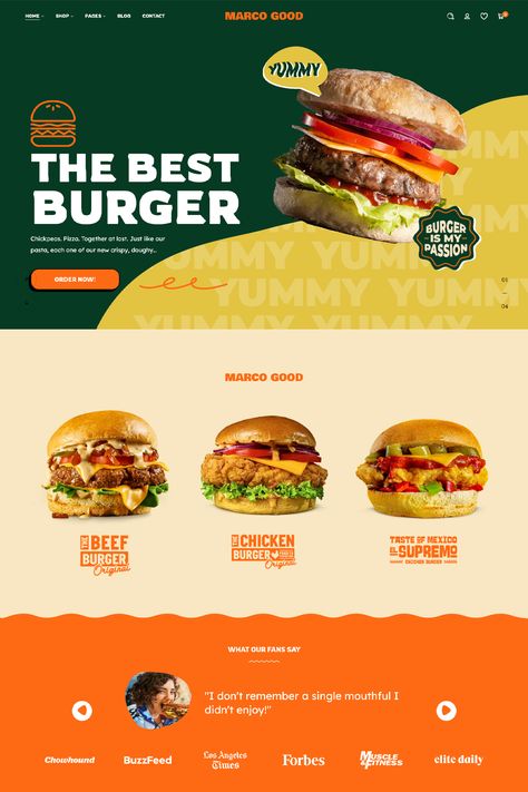 Marco Good is a clean & responsive Fast Food Restaurant WordPress Theme. It can be used for eCommerce purposes such as restaurants, cafes, fast food stores, pizza & burger stores, tacos restaurants, bakery, bars, or food blogs. Burger Restaurant Website Design, Fast Food Website, Food Website Design Inspiration, Fast Food Restaurant Design, Food Website Design, Restaurant Website Design, Taco Restaurant, Pizza Burger, Website Menu