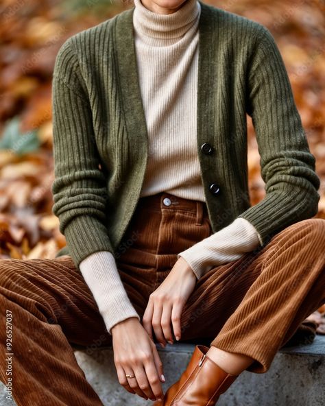 Autumn Outfit Inspiration: Recycled Wool Cardigan, Organic Turtleneck, and Corduroy Pants in Fall Colors Stock Photo Rust Corduroy Pants Outfit, Pants Fall Outfit, Autumn Outfit Inspiration, Corduroy Pants Outfit, Outfit Inspiration Fall, Fashion Fall, Autumn Outfit, Wool Cardigan, Winter Looks