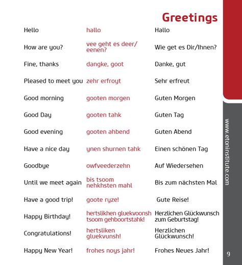 Learn the German language Eton Institute's phrasebooks. Tip: Use the transliteration (in red) to perfect your pronunciation. German Greetings, Basic German, German Vocabulary, Deutsch Language, German Study, German Phrases, Germany Language, Language Apps, Dutch Language