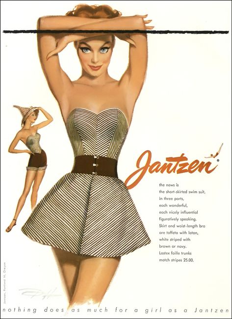 Jantzen swimsuits illustrated by Pete Hawley, Vogue, January 1953 Pete Hawley, 1950s Illustration, 50s Swimwear, Collage People, Jantzen Swimwear, 50's Fashion, Retro Illustrations, Bad Bad, Adventurous Women