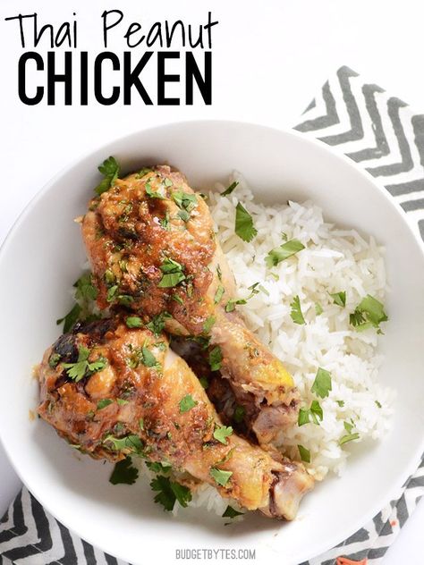 Thai Peanut Chicken - BudgetBytes.com Thai Peanut Chicken, Chicken Drumstick Recipes, Budget Bytes, Drumstick Recipes, Thai Peanut, Peanut Chicken, Exotic Food, Chicken Drumsticks, Frugal Meals