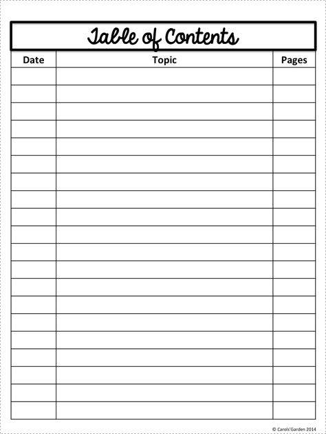 Blank Table Of Contents Template Pdf (1) - TEMPLATES EXAMPLE | TEMPLATES EXAMPLE Notebook Table Of Contents, Table Of Contents Example, Table Of Contents Design, Interactive Notebooks Templates, Word Table, Table Of Contents Template, Date Topics, Table Template, Social Studies Curriculum