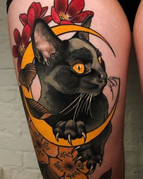 @jentonic . . #inkitup #tradtattoos #tattoo Tattoo Gato, Cat Portrait Tattoos, Neo Tattoo, Cat And Moon, Black Cat Tattoos, Tattoo Magazine, Cat Tattoos, Sweet Tattoos, Cat Tattoo Designs