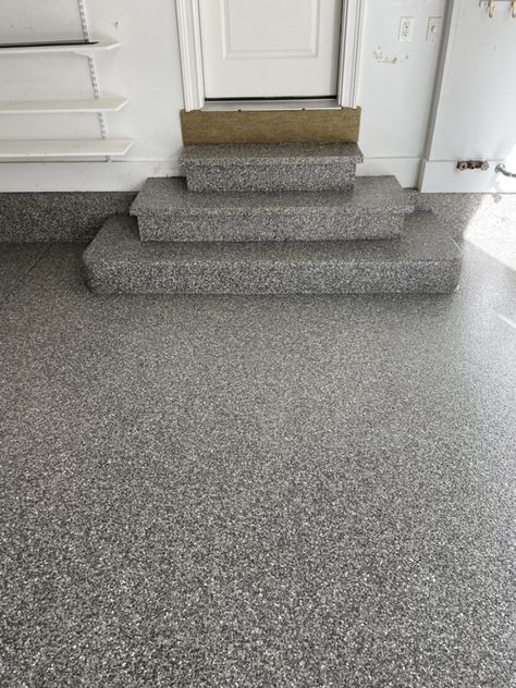 Garage Floor Coatings Concrete, Epoxy Garage Floor Colors, Finished Concrete Floors, Garage Inspiration, Epoxy Garage Floor Coating, Epoxy Garage Floor, Garage Stairs, Garage Epoxy, Concrete Epoxy