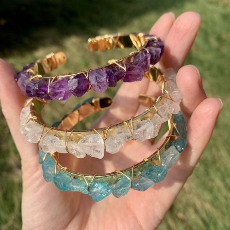 Mystical Accessories, Crystal Ideas, Random Jewelry, Funky Accessories, Crystal Cuff Bracelet, Crystal Flowers, Bangle Jewelry, Stone Bangle, Crystal Bangle