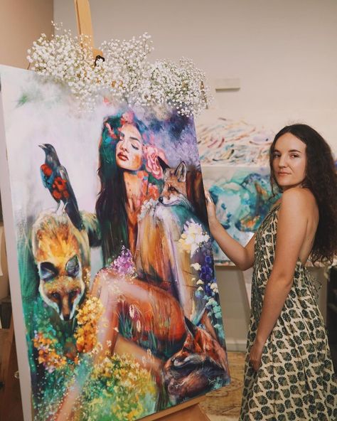 Dimitra Milan in her studio with her newest spring painting. Beautiful girl with foxes. Contemporary, woman fine artist. Dimitra Milan, Milan Art, In Her Studio, Girl Artist, Kpop Drawings, Spring Painting, Fine Artist, Piece Of Art, Animals Artwork