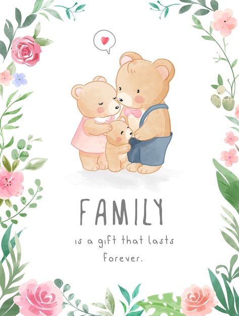 Family Animals Illustration, Animal Family Illustration, Bear Family Illustration, Cute Pastel Background, Family Watercolor, Hug Illustration, Frame Illustration, Bear Watercolor, Animal Family