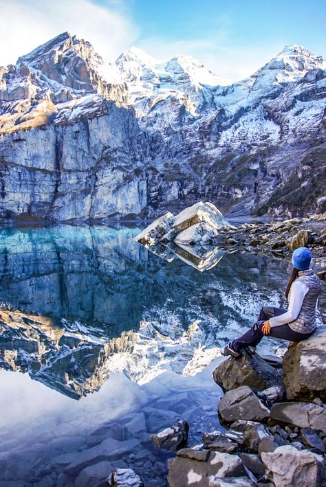 Oeschinensee Switzerland, Hiking Switzerland, Switzerland Hiking, Mountain Pictures, Alpine Lake, G Adventures, Swiss Alps, Lake Life, Beautiful Places To Travel