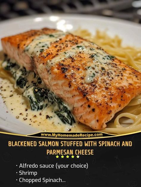 Mediterranean Kitchen Recipes | BLACKENED SALMON STUFFED WITH SPINACH AND PARMESAN CHEESE | Facebook Salmon Stuffed With Spinach, Salmon Stuffed, Stuffed Salmon, Blackened Salmon, Homemade Sauce Recipes, Mediterranean Kitchen, Mediterranean Dishes, Mediterranean Diet Recipes, Homemade Sauce