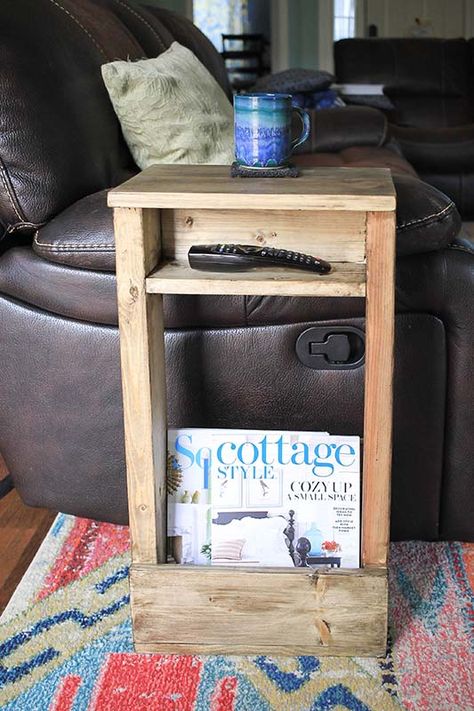 DIY Slide Under Sofa Table Easy Space Saving Solution + Storage – Porch Light Reading Under Sofa Table, Magazine Rack Diy, Sofa Table Diy, End Table Diy, Diy Slide, End Table Plans, Sofa Arm Table, Diy Slides, Diy Space Saving