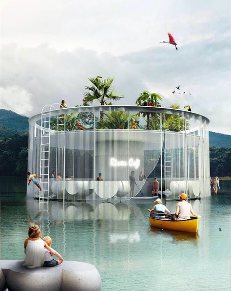 Summer House Design, Seaside Cafe, Conceptual Architecture, Cafe House, House By The Sea, Thermal Bath, Roof Structure, Floating House, Pool Bar