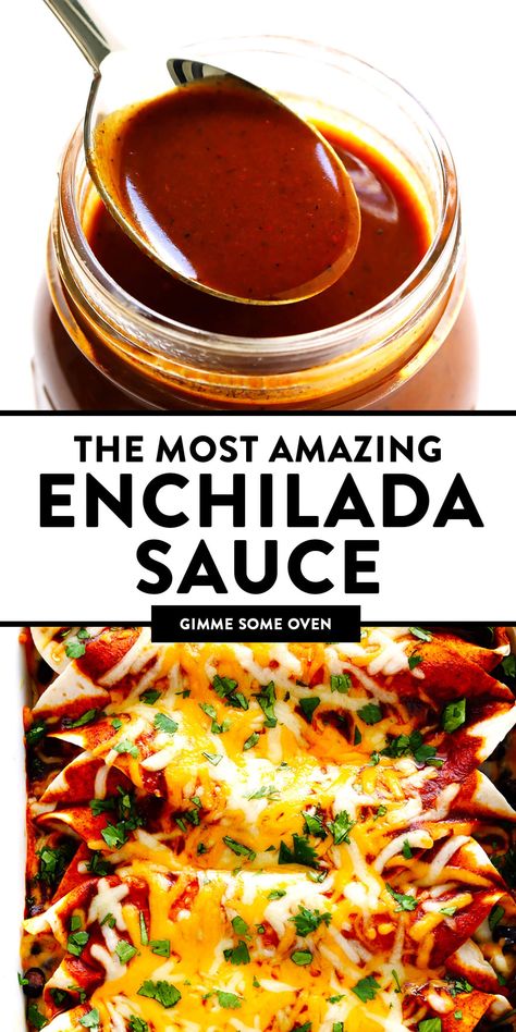 This homemade red enchilada sauce recipe is easy to make in just 20 minutes, and full of the most delicious Southwestern and Mexican chili flavors. Perfect to use in enchiladas, soups, nachos, tacos and more! (Vegatarian / Vegan / Gluten-Free) | gimmesomeoven.com How To Make Enchilada Sauce, Red Enchilada Sauce Recipe, Homemade Red Enchilada Sauce, Best Enchilada Sauce, Homemade Enchilada Sauce Recipe, Enchilada Sauce Recipe, Mexican Chili, Recipes With Enchilada Sauce, Vegetarian Chicken