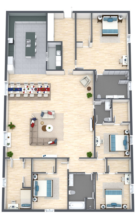 A 3D floor plan of a five bedroom apartment with a semi-open layout in the center. 5 Bedroom Apartment Floor Plans, Five Bedroom House, 5 Bedroom Apartment, Bright Minimalist, Apartment Plan, Apartment Floor Plans, Sims House Plans, Sims House Design, Apartment Plans