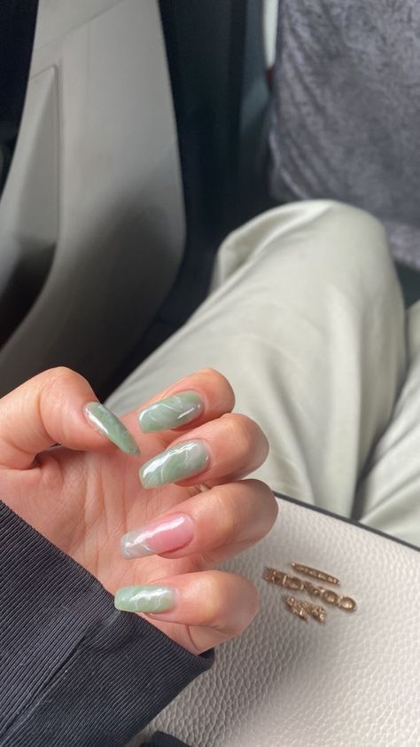 Jade Square Nails, Sage Green Marble Nails Acrylic, Neutral Tone Acrylic Nails, Fairy Aesthetic Nails Green, How To Do Jade Nails, Jade Green Almond Nails, Green Round Acrylic Nails, Green Milky Nails, Pink Jade Nails