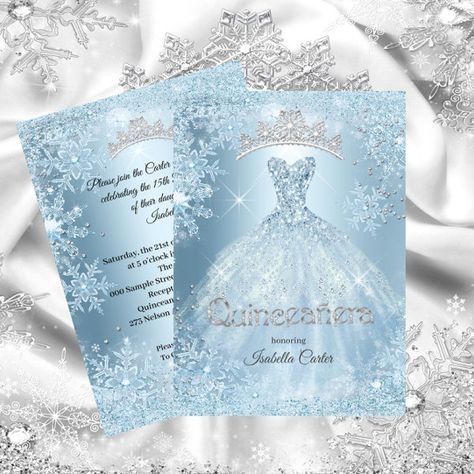 Quinceanera 15th Cinderella Ice Blue Snowflake Invitation Pretty Birthday Party, Cinderella Blue Dress, Snowflake Invitations, Cinderella Blue, Snowflake Dress, Winter Onederland Birthday, Quinceanera Invitations, Blue Snowflakes, Birthday Printables