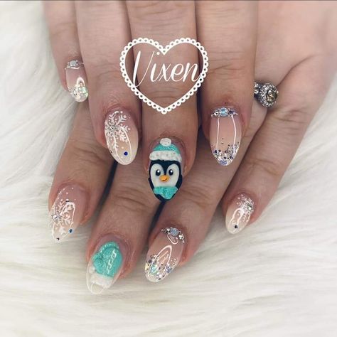 Penguin Nails Christmas, 3d Christmas Nails, Penguin Nails, Nails Winter, Stiletto Nails Designs, 3d Christmas, Crystal Nails, 1st Bday, Winter Nails