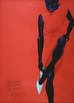 "Black Beauty - Red Dress" by Wolfgang Joop Stray Souls, Arte Popular, African American Art, Caricatures, Black Beauty, Blue Suede, Suede Shoes, African Art, Fashion Drawing