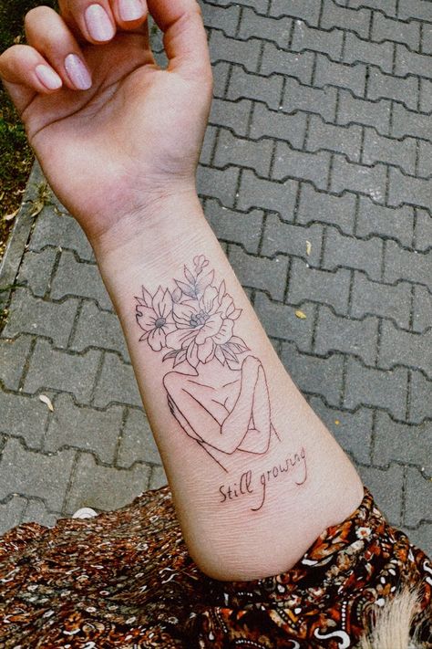 #tattoo #tattooideas #tattoosforwomen #tattoofloral #tattootext Dont Rush Your Growth Its A Natural Process Tattoo, Self Growing Tattoo, Growth And Healing Tattoo Ideas, Grow Your Mind Tattoo, Never Stop Growing Tattoo, Self Love With Flowers Tattoo, Daring Greatly Tattoo, Tattoo Showing Growth, Tattoos Signifying Growth