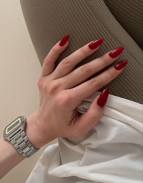 Red Nails Soft Gel, Long Almond Red Nails, Nails 2024 Red, Gel X Nails Red, Red Nails 2024, Long Red Nail Ideas, Red Gel X Nails, All Red Nails, Red Aesthetic Nails