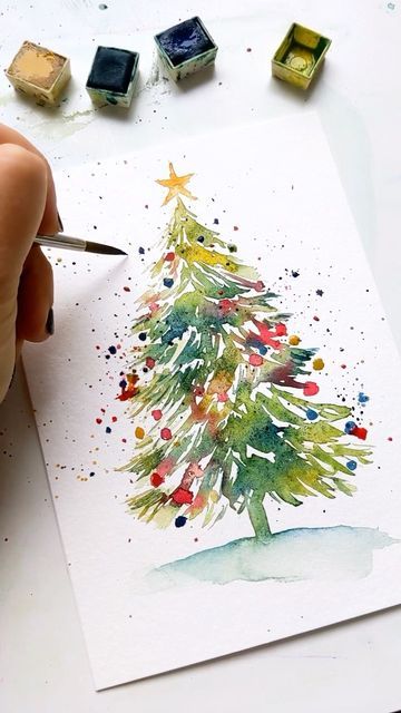 Watercolor Christmas Cards Diy, Painted Christmas Cards, Christmas History, Watercolor Christmas Tree, Learn Watercolor, Illustration Noel, Christmas Card Art, Easter Decorations Ideas, Diy Watercolor Painting