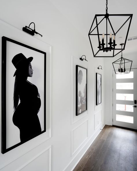 Post Image Hallway Ideas Pictures, Foyer Ideas Entryway Family Photos, Wall Art In Entryway, Picture Entryway Ideas, Large Wall Design Living Room, Large Pictures In Hallway, Entry Way Photo Wall Ideas, Long Hallway Picture Display, Family Entryway Ideas