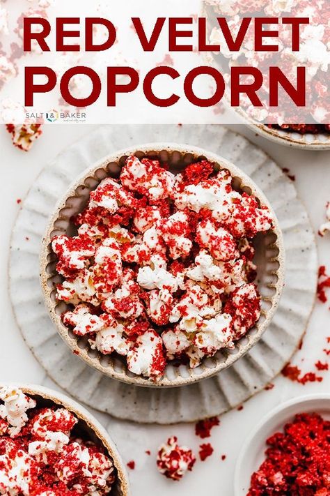 I saw this on a TV show, but instead of white chocolate- they used cream cheese frosting and melted it and poured it over the popcorn. I think you could use cheetos puff corn too -cp Flavored Popcorn Recipes, Popcorn Recipes Sweet, Popcorn Recipes Easy, Popcorn Salt, Easy Red Velvet, Red Velvet Recipes, Easy Snacks For Kids, Popcorn Recipes, Velvet Cake