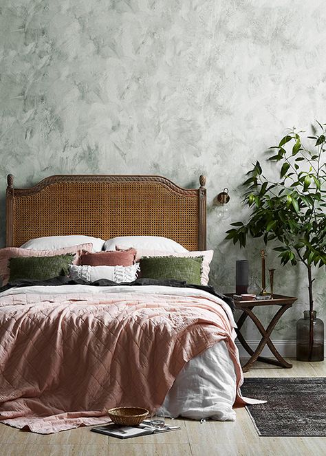 Colour we love: Sold on sage French Country Bedframes, Headboard Ideas Ratan, French Country Headboard Ideas, Cane Headboard Bedroom, Modern Colonial Bedroom, Vintage Bedframe, Victorian Headboard, Cane Headboard, Provincial Bedroom