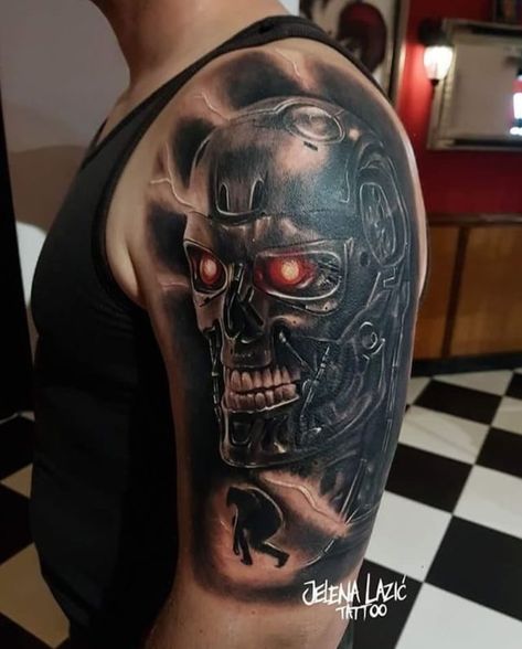 Rate This Terminator Tattoo 1 to 100 #tattoo #tattoos #smalltattoos #amazingtattoo #beautifultattoos #watercolorTattoo #InspirationalTattoos #ArtTattoo #NeonTattoo #CoolTattoos #TattooDrawings #BodyArtTattoo #Tattoo Sketches #FootTattoos #CelestialTattoo Robotic Arm Tattoo, Terminator Robot, Terminator Tattoo, Robot Tattoo, Colored Tattoo, Colored Tattoo Design, Neon Tattoo, Celestial Tattoo, 100 Tattoo