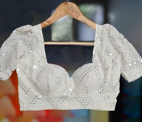 White Mirror Work Blouse, Mirror Work Blouse, Multicolor Sequins, Simple Blouse Designs, Sequin Blouse, Saree Blouses, White Mirror, Simple Blouse, Organza Saree