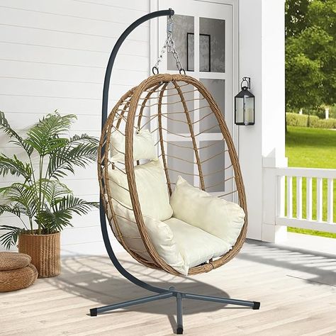 Hanging egg chair that comes with cushions and headrest. Perfect for reading and relaxing on your fort porch or back patio. Outdoor Swings For Adults, Swings For Adults, Hammock Chair With Stand, Outdoor Swings, Indoor Swing Chair, Hammock Chair Stand, Swing Chair Outdoor, Hanging Hammock Chair, Bedroom Patio