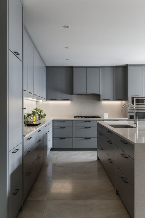 a-stunning-modern-kitchen-design-featuring-sleek-a-CQpn3rPlT728DR6XtaMwLw-HRtSGpLuQVWPdWiNnOx68A Storm Grey Kitchen Cabinets, Kitchen Cabinet Colours, Flat Panel Kitchen Cabinets, Modern Transitional Kitchen, Modular Kitchen Cabinet, Gray Floors, Cabinet Colours, Modern Kitchen Design Ideas, Inside House