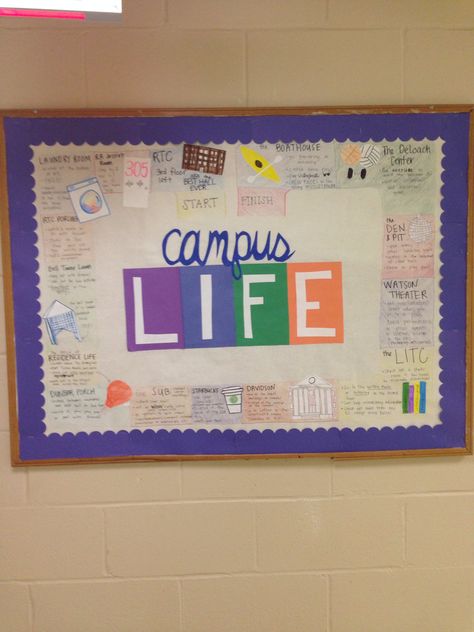 Campus life freshman bulletin board Ra Inspiration, Bday Present Ideas, Ra Bulletins, Ra Bulletin Boards, Door Tags, Campus Life, Program Ideas, Bulletin Board Ideas, House Boat